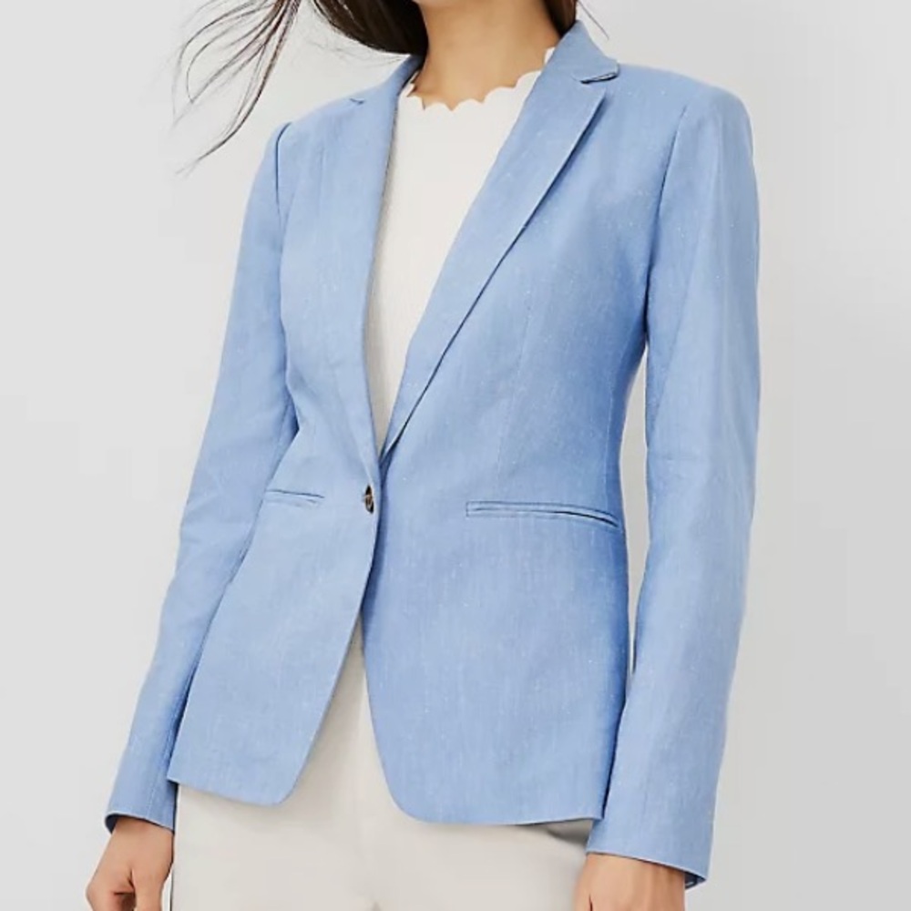 Ann Taylor Bluebell Chambray Linen Blend Blazer Size 12 Office Work Corpcore